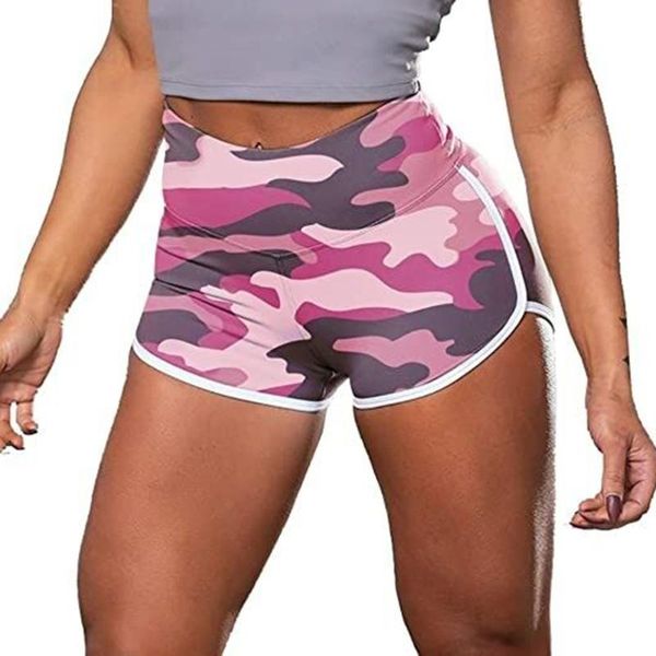

women high waist shorts sport fitness camouflage print elastic yoga shorts exercise running plus size, White;red