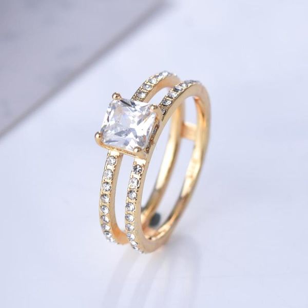 

charms wedding rings for women double layer princess cubic zirconia square stone ring engagement bridal romantic jewelry, Slivery;golden