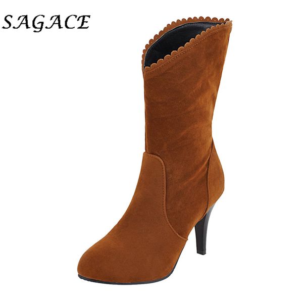 

sagace shoes ladies thin high heels boots pointed toe high leg boots short plush 2019 winter women flock platform, Black