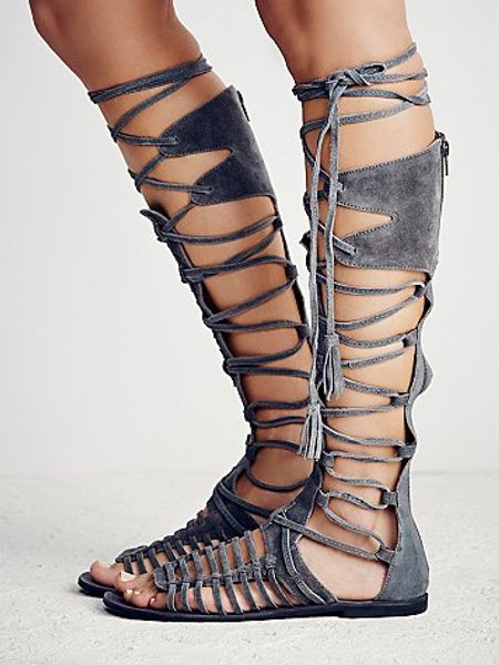 

2016 summer new designer grey suede flat knee high sandal boots cross strappy lace up tassel long sandals cut-out women shoes, Black