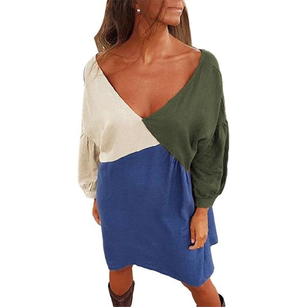 

women long puff sleeve v neck color block patchwork backless loose dress elegant loose shirt women dress vestidos de fiesta, Black;gray