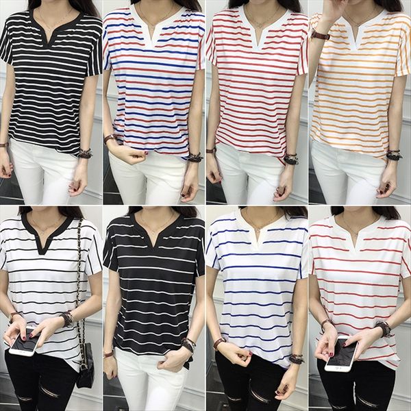 

summer 2020 open tube v-neck stripes large size loose short sleeve t-shirt female summer 2020 open tube v-neck stripes large size loose shor, White
