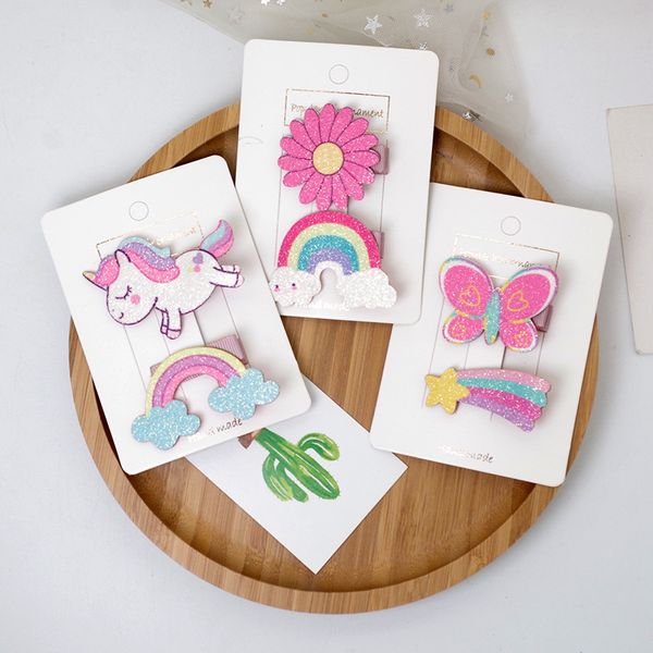 

2 pcs new korea sweet girl princess cute cartoon unicorn rainbow flower duckbill clip fashion children hairpins hair accessories, Slivery;white