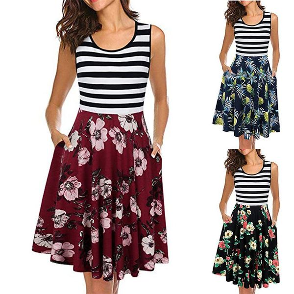 

fashion summer women u-neck striped print panelled sleeveless pocket slim lady casual fit flower a-line dress burgundy, Black;gray