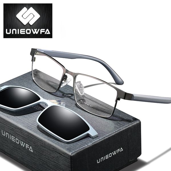 

unieowfa 2 in 1 magnetic clip on glasses frame men polarized sunglasses optical myopia degree prescription eyeglasses frame tr90, Black