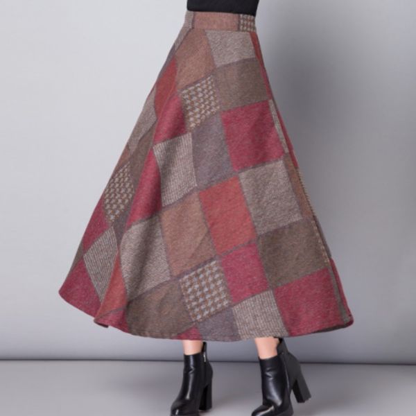 

autumn winter wool long skirts womens maxi skirt high waist warm elegant office lady plaid skirt faldas mujer moda 2019 ff685, Black;gray