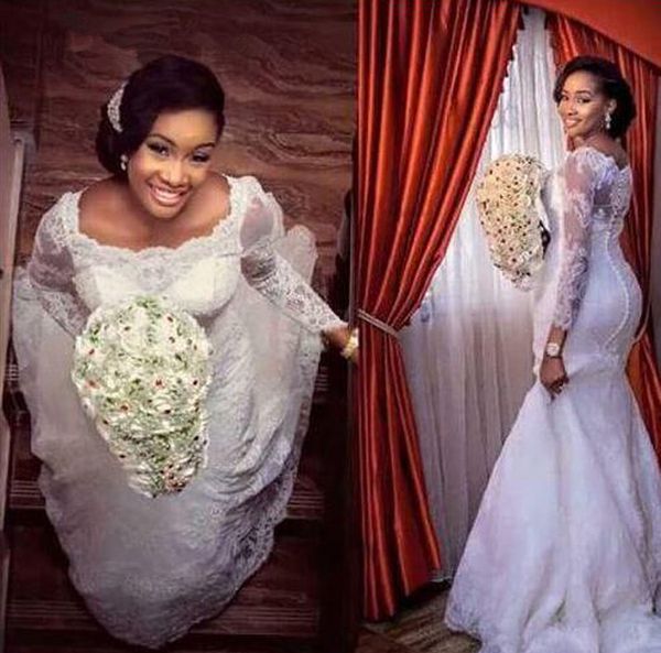 

african long sleeve lace appliques beaded mermaid wedding dresses 2020 new plus size white vintage lace bridal wedding gowns with buttons