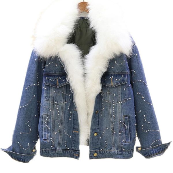 

winter real fur collar denim cotton coat short jacket women's natural collar thickened velvet padded warm denim coat, Black