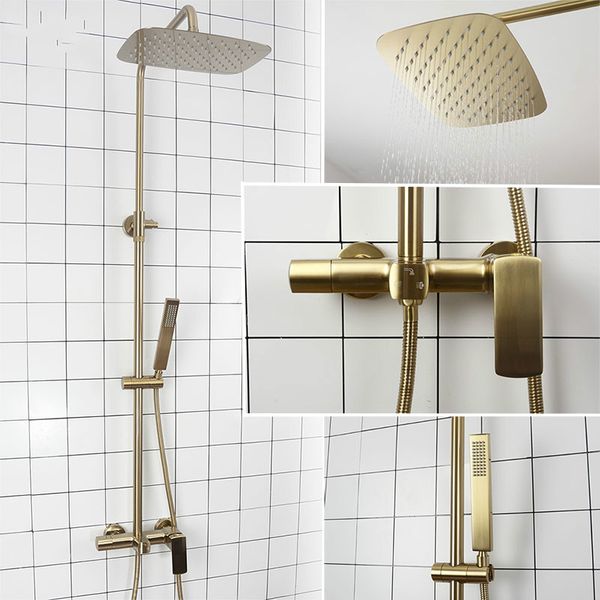 

Bathroom Rain Shower Set Brushed Gold And Black Solid Brass Bath Shower Faucet Quality Wall Mounted Water Mixer Bath System