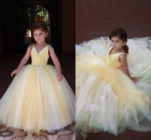 

2019 customv neck pleats ball gown lovely yellow floor length modest girls pageant party gowns flower girl dresses for wedding, Red;yellow