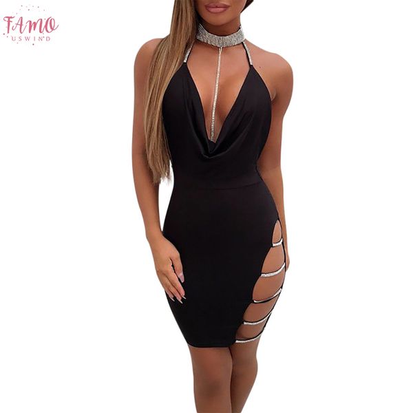 

deep v neck dress 2020halter backless choker slit sequin bodycon night club dresses hollow casual mini party dress zero, Black;gray