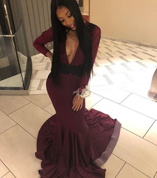 

2019 burgundy black girls mermaid prom dresses long sleeves deep v neck black applique formal evening gowns vestidos de noche