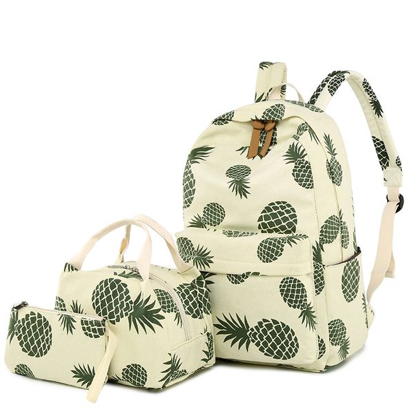 

fashion canvas women backpack set fruit pineapple printing female school bagpack with lunch box bags girl daily lapbookbag