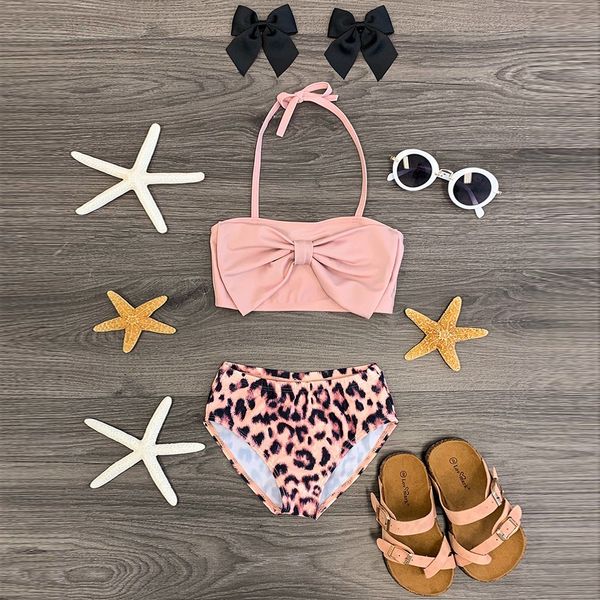 

summer baby girls clothing set toddler clothes children kids girls sleeveless bow swimsuit+leopard print shorts swimwear set, White