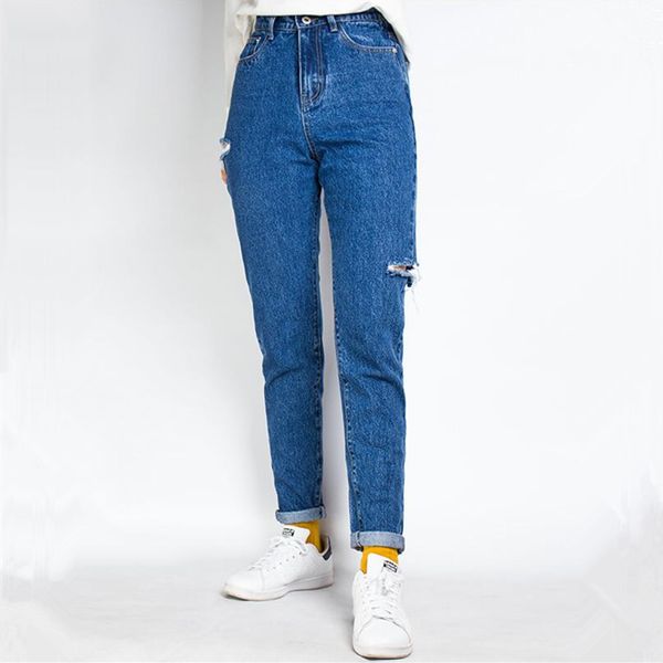 

logami high waist hole straight jeans woman ripped boyfriend jeans for women causal denim pants new fashion, Blue