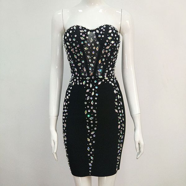 

stage wear tube crystal mesh perspective dress tight evening party birthday celebrate prom outfit bar women dance, Black;red
