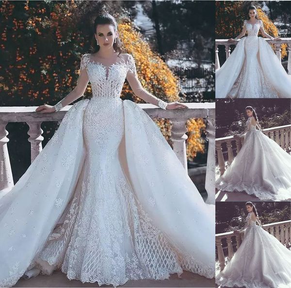 

2019 luxury dubai mermaid wedding dresses long sleeve lace crystal beaded detachable train plus size chapel saudi arabic caftan bridal gowns, White