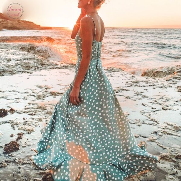 

maxi лета женщин платья boho sexy v шеи спагетти ремень платье elegant кнопка dot печати длинные платья бич vestidos 2019, Black;gray