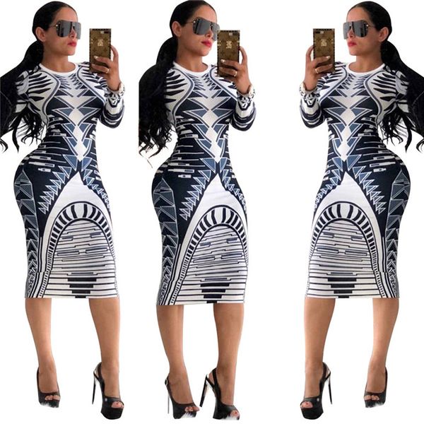 

Designer Women Summer Dresses O-Neck Skinny Long Sleeve Dress Women Flora Printed Club Dresses Female Clothes