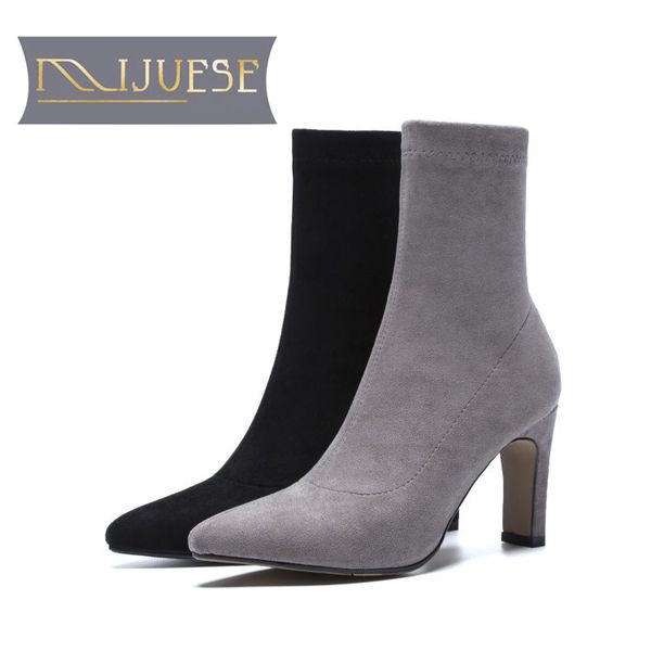 

mljuese 2019 women mid calf boots gray color slip on pigskin insole pointed toe autumn spring women boots casual, Black