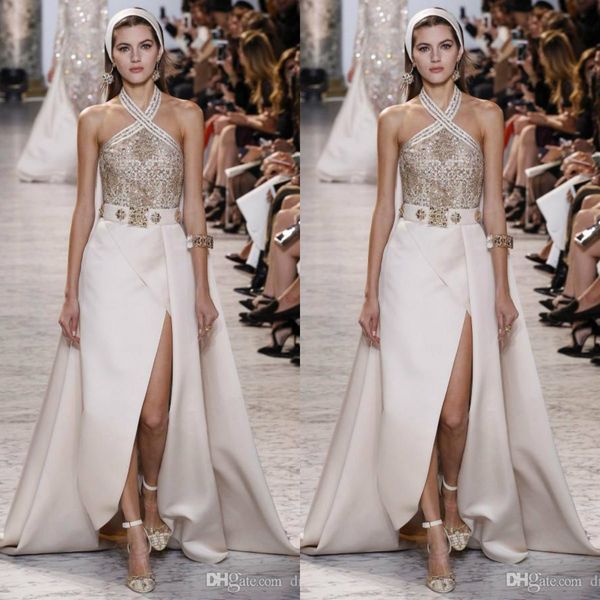 

elie saab prom dresses long halter neck split side formal dress sweep train rhinestones beaded mermaid evening gown, Black