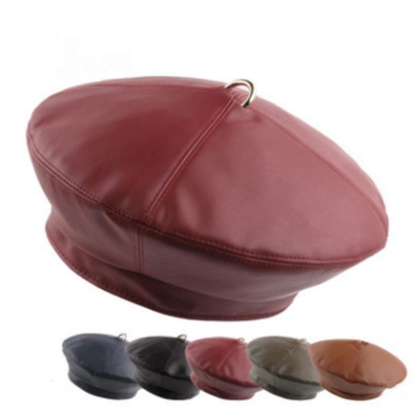 

plain pu beret hat fashion blank england style faux leather painter hat for women outdoor windproof newsboy cap retro female cap, Blue;gray