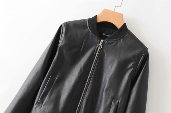 

2019 europe and america spring new style women's dress stand collar long sleeve slim fit leather jacket versitile fashion coat, Black;brown