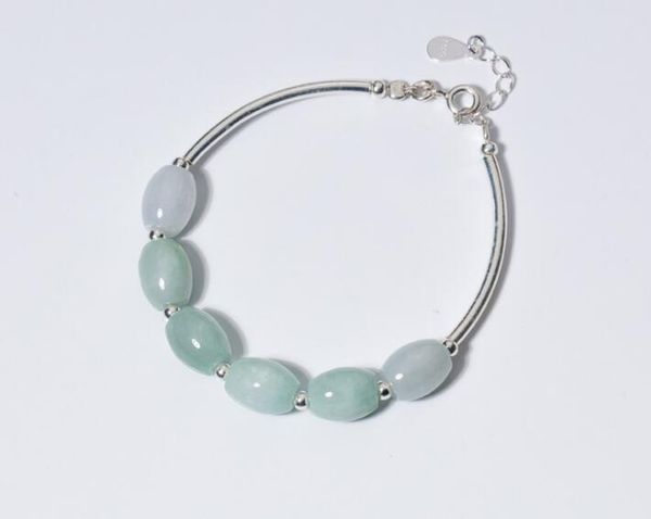

10mm*7.5mm 100% real. 925 sterling silver fine jewelry natural oval emerald jade stone &round beads bangle bracelet retrogtls604, Golden;silver