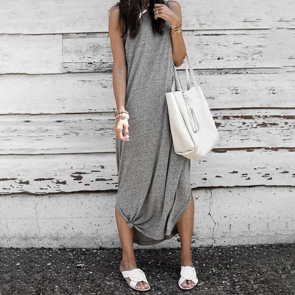 

womens designer spring summer new sleeveless dress ladys solid color casual long skirt women plus size dresses 2020 new fashion skirt, Black;gray