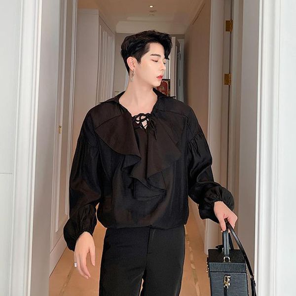 

men vintage ruffled collar long sleeve loose casual pullover shirt male punk gothic dress shirts stage clothing, White;black