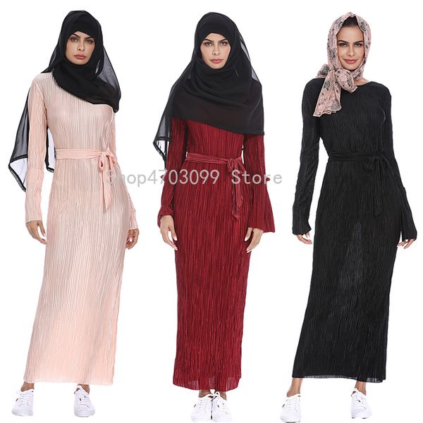 

ladies-robe muslim women pleated long maxi party cocktail dresses islamic dubai slim abaya hijab robes casual, Red