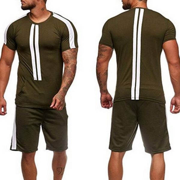 

2020 new men 2 pieces set fashion striped sportwear tracksuit summer short sleeve t-shirt casual drawstring shorts suit male, Black;blue