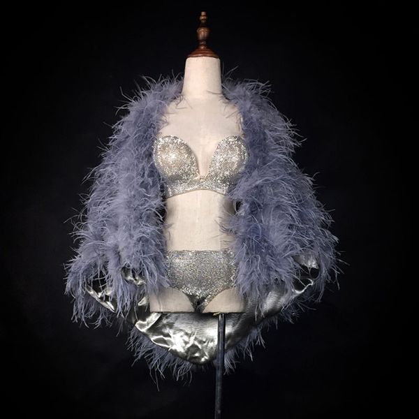 

festival party nightclub bar women stage outfit full rhinestones bikini ostrich feather coat dj dancer catwalk costumes, Black;red