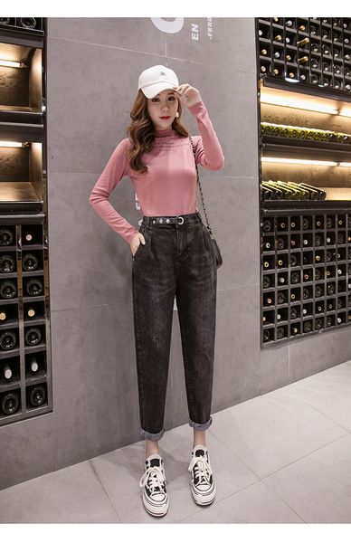 

dark ash high waist jeans show thin female two grain of buckle joker loose, Blue