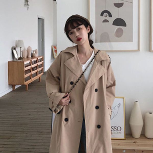 

women 2019 spring and autumn fashion brand korea style vintage loose long trench female casual khaki red trench coat cloth, Tan;black