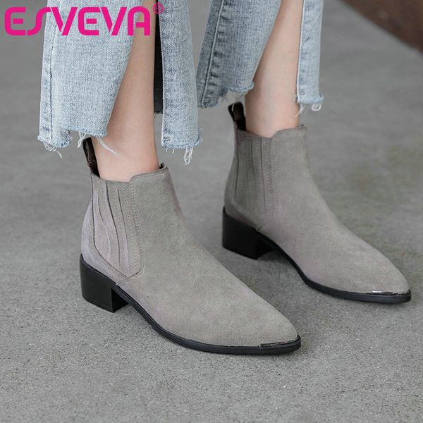 

esveva 2020 women shoes winter ankle boots pointed toe leather+pu zipper med heel motorcycle platform boot size 34-39, Black