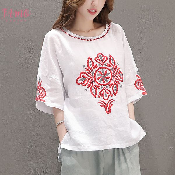

short blouse women plus size embroidered blouse white ladies casual cotton loose ethnic vintage clothes