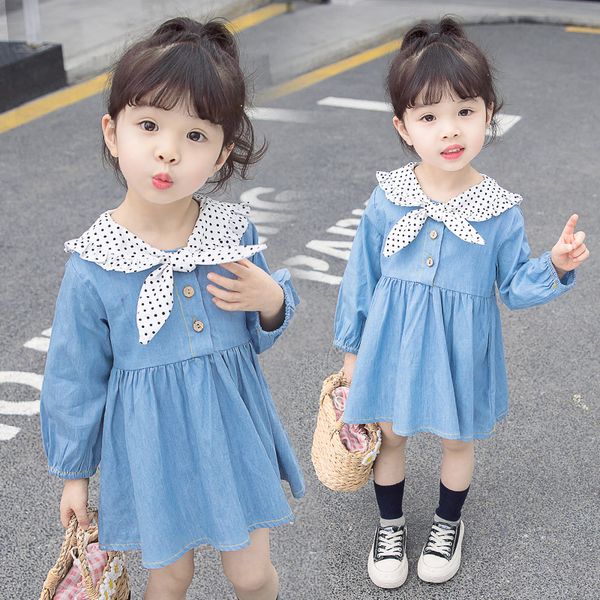 

spring children dress bow westernized toddler kids baby jeans dress newborn baby girls soft long sleeve, Red;yellow