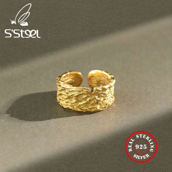 

s'steel 925 sterling silver ring for women vintage ins irregular gold open rings bague argent 925 massif pour femme fine jewelry, Golden;silver