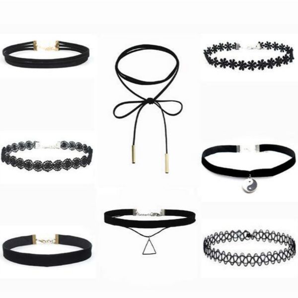 

new fashion 10/set necklaces for women black lace hollow flower short clavicle collares fashion jewelry gothic bijoux steampunk, Silver
