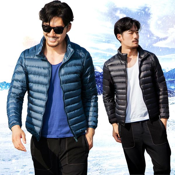 

winter duck down jacket men 90% down content thin ultra light jacket winter long sleeve solid coats pocket fashion, Black