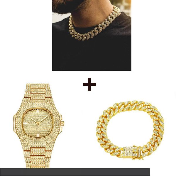 

gold watch+ necklace+ bracelet hip hop miami curb cuban chain bling iced out paved rhinestones cz rapper for men jewelry set, Silver