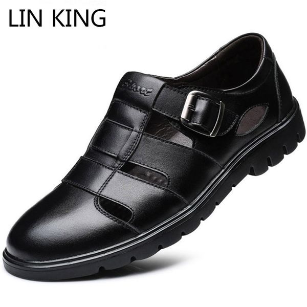 

lin king breathable big size hollow out men sandals summer genuine leather business casual shoes buckle outdoor shoes for father, Black