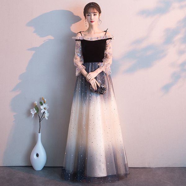 

banquet lace gradient evening dress female 2019 new summer gauze starry sky annual dress slim long section, White;black