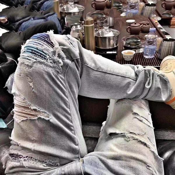 

19ss am1r1 весна лето хип хоп отверстие джинсовые брюки америка сплайс промытый синий мода хай стрит карандаш джинсы брюки hfymkz173, Blue