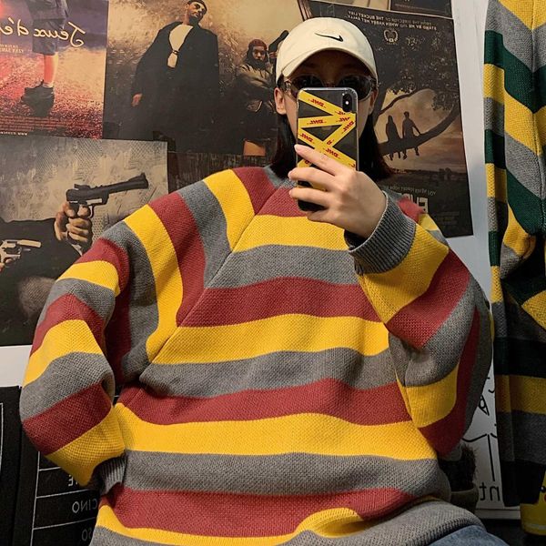 

2019 winter men's lovers clothes stripe color printing knitting loose woolen coat round collar casual pullover cashmere sweater, White;black