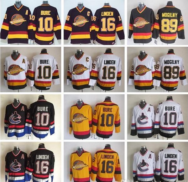 

16 trevor linden jersey men vancouver canucks vintage ccm hockey jerseys 10 pavel bure 89 alexander mogilny stitched black white, Black;red