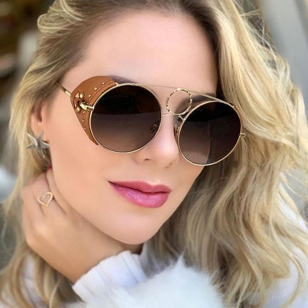 

jackjad fashion vintage steampunk punk style metal circle sunglasses leather side shield brand design sun glasses, White;black