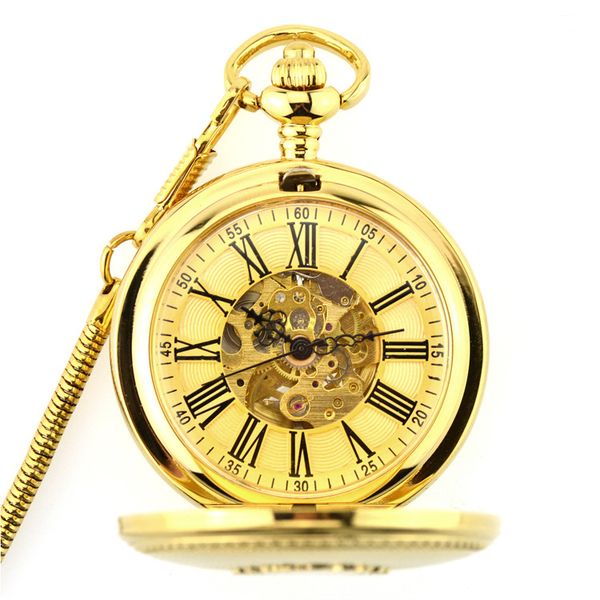 

new luxury mechanical pocket watch with chain laser engraved hand winding pendant clock men women gold bronze flip fob watches, Slivery;golden