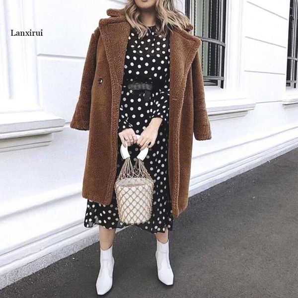 

women's wool & blends women fuzzy woolen long coat autumn winter chic ladies streetwear elegant fluffy warm soft outwear classy workwea, Black